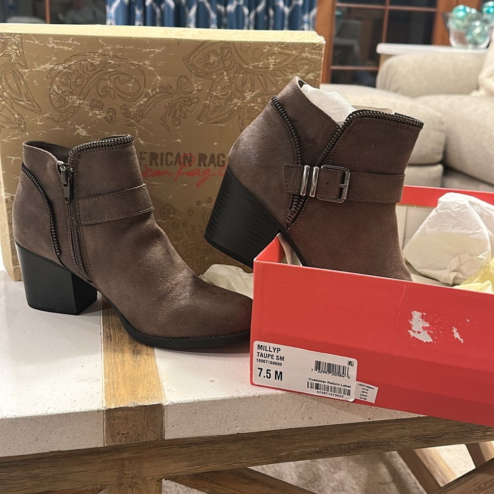American Rag Brown Ankle Booties with Chunky Heel